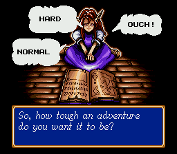 Shining Force difficulty select added by the romhack: Simone asking NORMAL, HARD or OUCH! in speech balloons.
