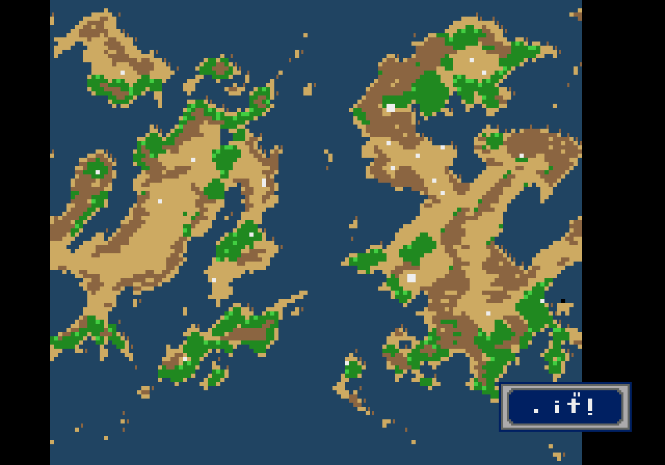 The recovered Motavia atlas, with desert, green terrain and islands surrounded by blue water