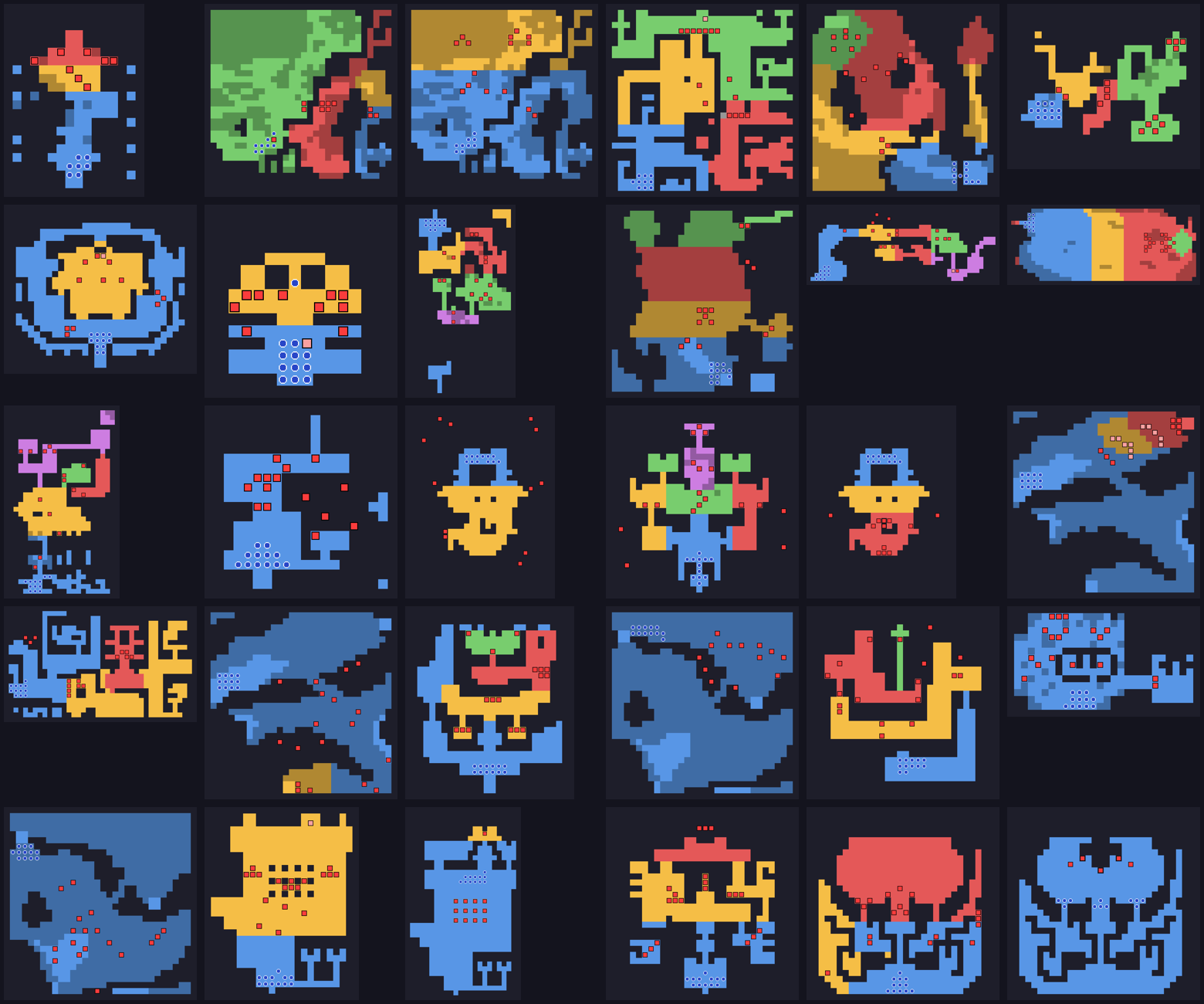 Contact sheet of all thirty battle maps of Shining Force coloured by AI region, in order from the Ancient Gate to Dark Dragon.