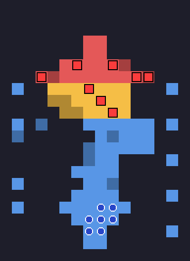 The first battle of Shining Force, the Ancient Gate, drawn as a grid: a blue region along the approach path, an orange region in the square before the gate, a red region at the gate itself, red squares for the eight enemies and blue circles for the Force's starting tiles.