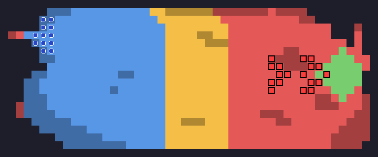 Battle 12, the Pao prairie: a wide map with Elliott's army arranged in ranks on the right and four regions from left to right.