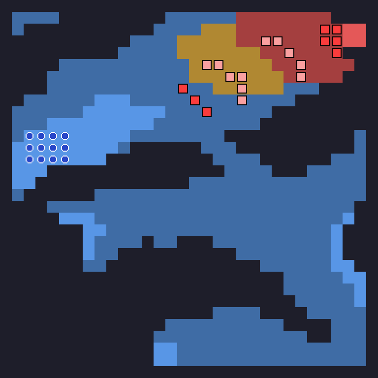 Battle 18, the road to Dragonia: a large blue region with an orange band in the middle and a red corner at the top right, enemies clustered near the top right and along the middle.