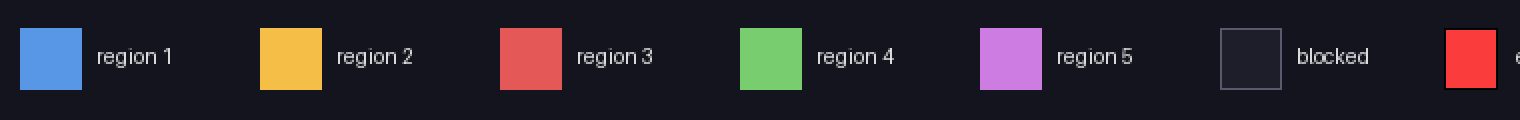 Legend for the battle maps: blue is region 1, orange region 2, red region 3, green region 4, purple region 5; dark tiles are blocked; a red square is an enemy; a blue circle is a starting tile of the Force.
