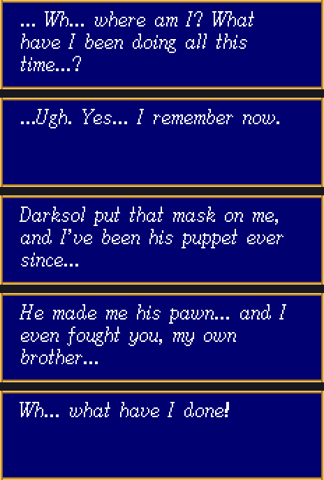Five dialogue windows: Cain asks where he is, remembers that Darksol put the mask on him and made him his puppet, and realises he fought his own brother.