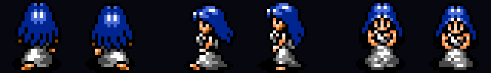 Mitula's overworld sprite facing down, sideways and up: long blue hair over a white gown.