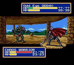 Odd Eye in his red cape, facing a Chaos Warrior as an ally