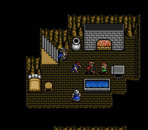 The dwarf smithy in the hidden village in Shining Force II, with the forge, the anvil and the smith standing beside the party.