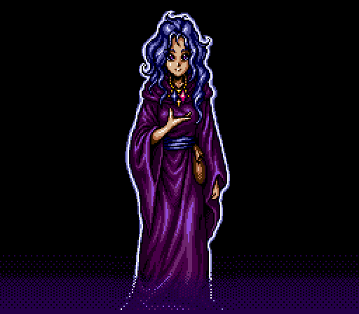 The ending picture: a young woman with long wavy blue hair, in the witch's purple robe with a blue sash and a pouch at her hip, one hand raised to her chest, a blue and a red jewel hanging at her neck.