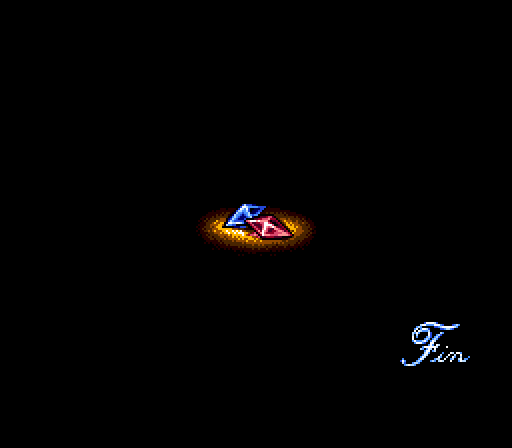 The final screen: the Jewel of Light and the Jewel of Evil resting in a glow of light on a black background, the word Fin written in script at the lower right.