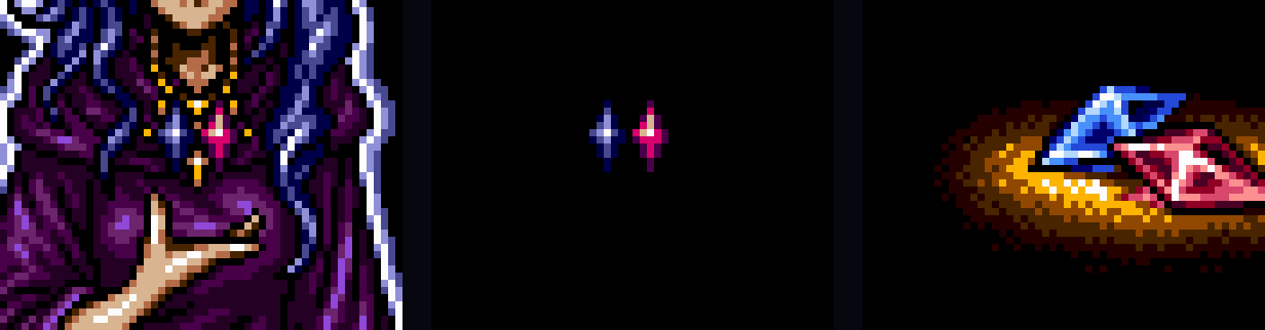 Three frames: the pendant at the woman's neck with a blue and a red jewel; the same two jewels alone on a black screen after she has faded out; the jewels lying together in golden light on the Fin picture.