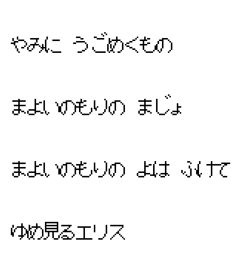 Four Japanese sound-test track titles: Things that stir in the dark, Witch of the Forest of Wandering, Night deepens in the Forest of Wandering, Dreaming Elis.
