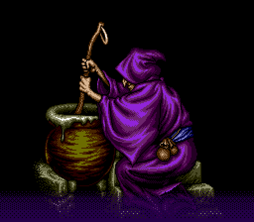 The Shining Force II title screen witch: a hooded figure in a purple robe stirring a cauldron with a long crooked stick, two pouches at her belt.