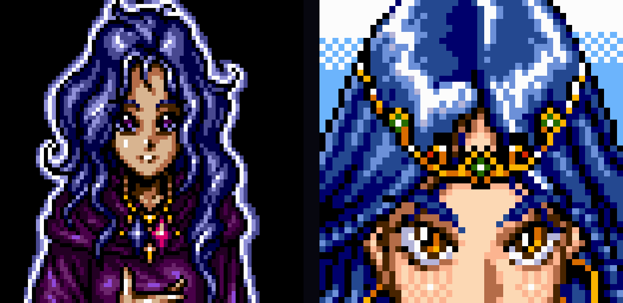 Side by side: the head of the woman from the ending, with violet eyes and loose blue hair, and Mitula's dialogue portrait, with amber eyes, a gold circlet and a hoop earring.