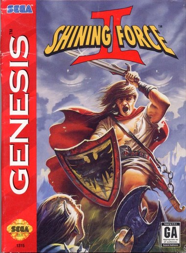 Shining Force II box art: a warrior in a red cloak raising a sword, a fanged shield on his arm, storm clouds behind him.