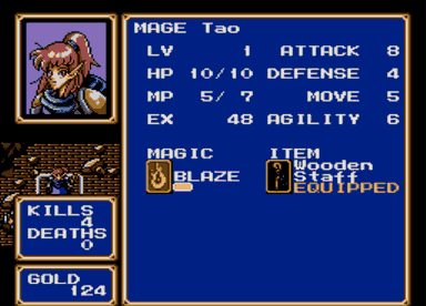 Shining Force status screen with the romhack KILLS and DEATHS counters shown above the GOLD window.
