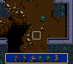Shining Force turn order mod: a gold-framed bar along the bottom of the battlefield showing the next six combatants in turn order.